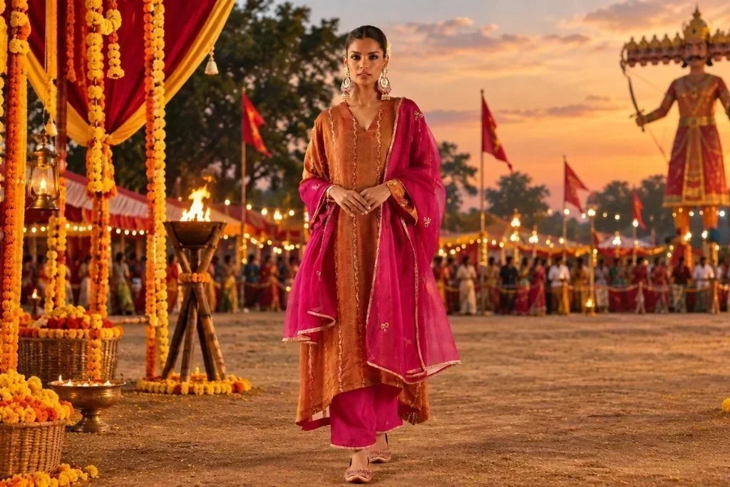 Woman wearing a brown embroidered kurta set with pink dupatta at a Dussehra celebration.