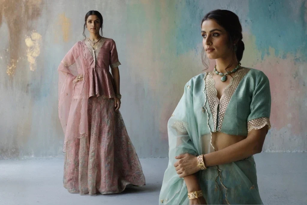 Mint green embroidered lehenga choli with sheer dupatta, with a pink lehenga outfit in the background.