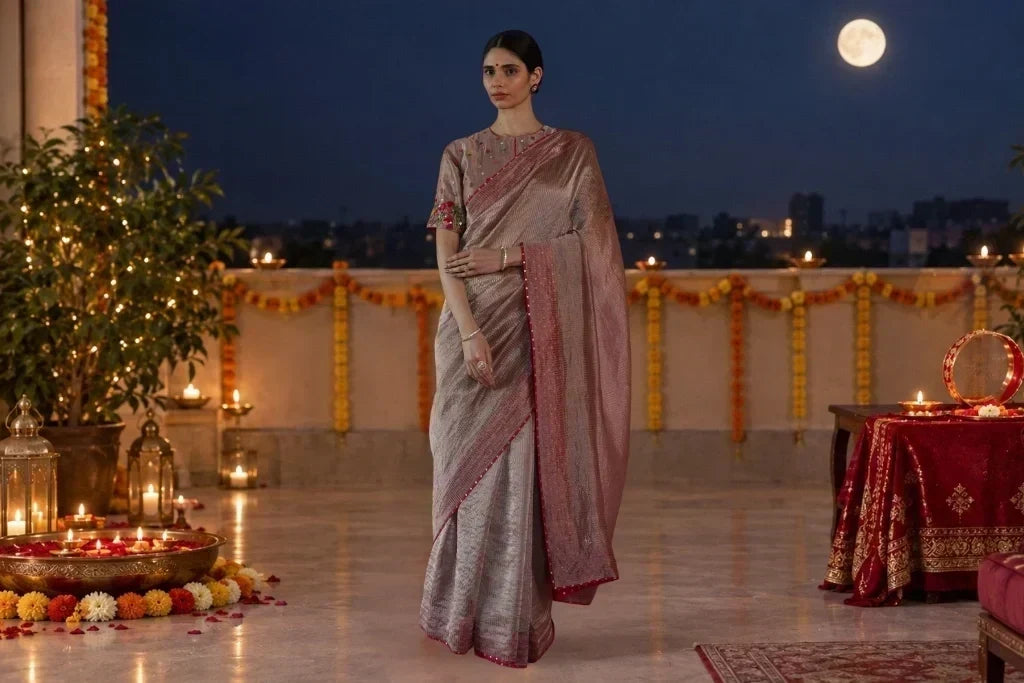 Woman in pink and silver saree celebrating Karwa Chauth under the full moon.