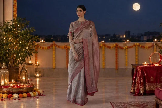 Woman in pink and silver saree celebrating Karwa Chauth under the full moon.